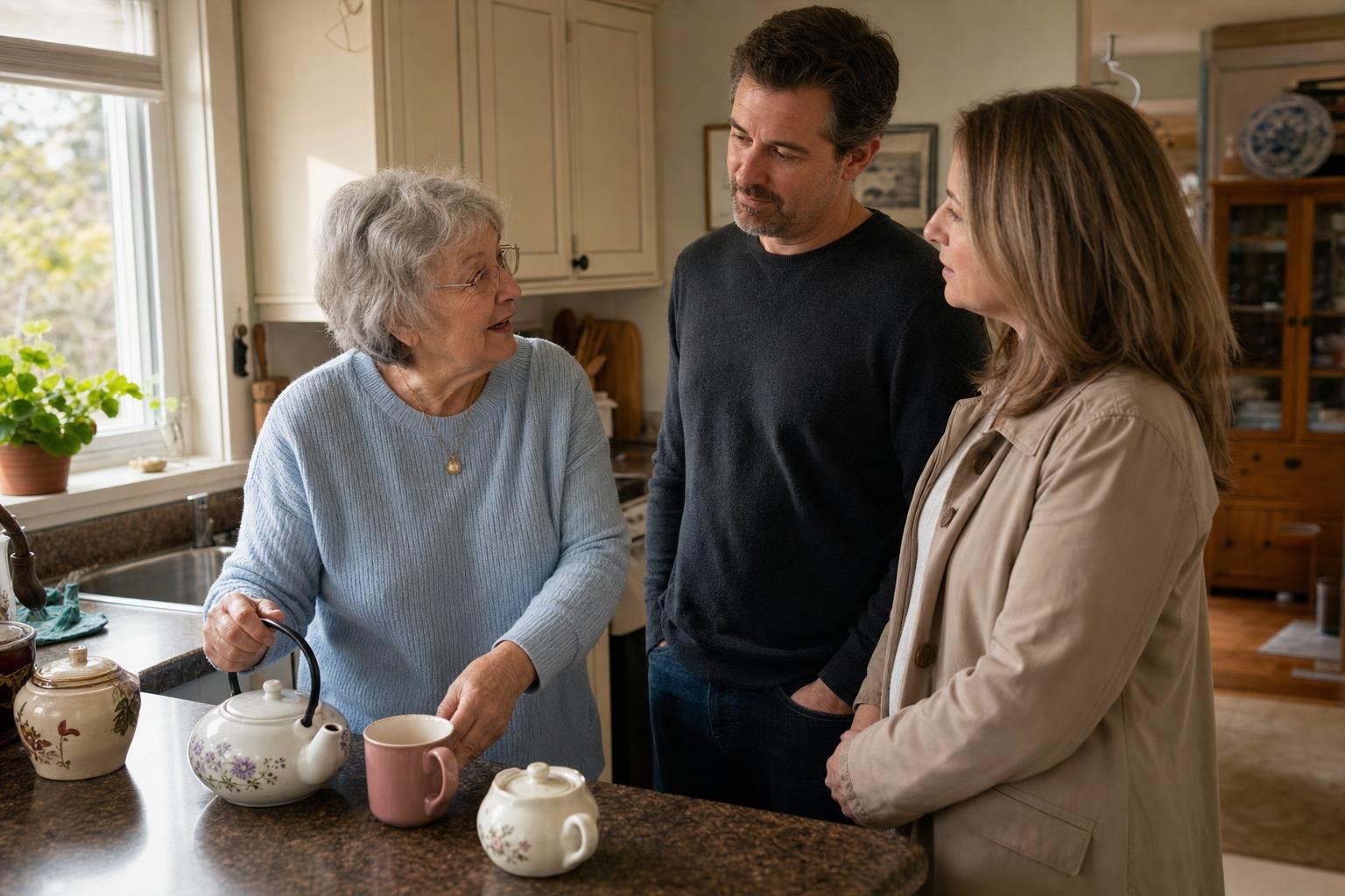 An older Burlington resident preparing tea while her adult son and a home-support coordinator listen as she explains her afternoon routine