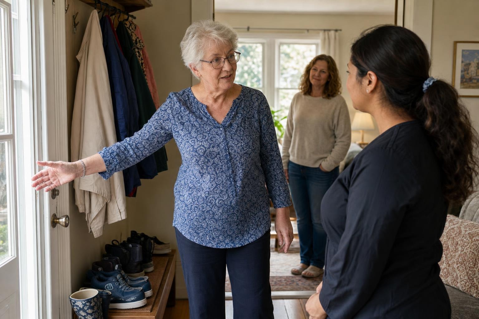 An older adult showing a newly introduced support person around the entrance of her home while her daughter observes
