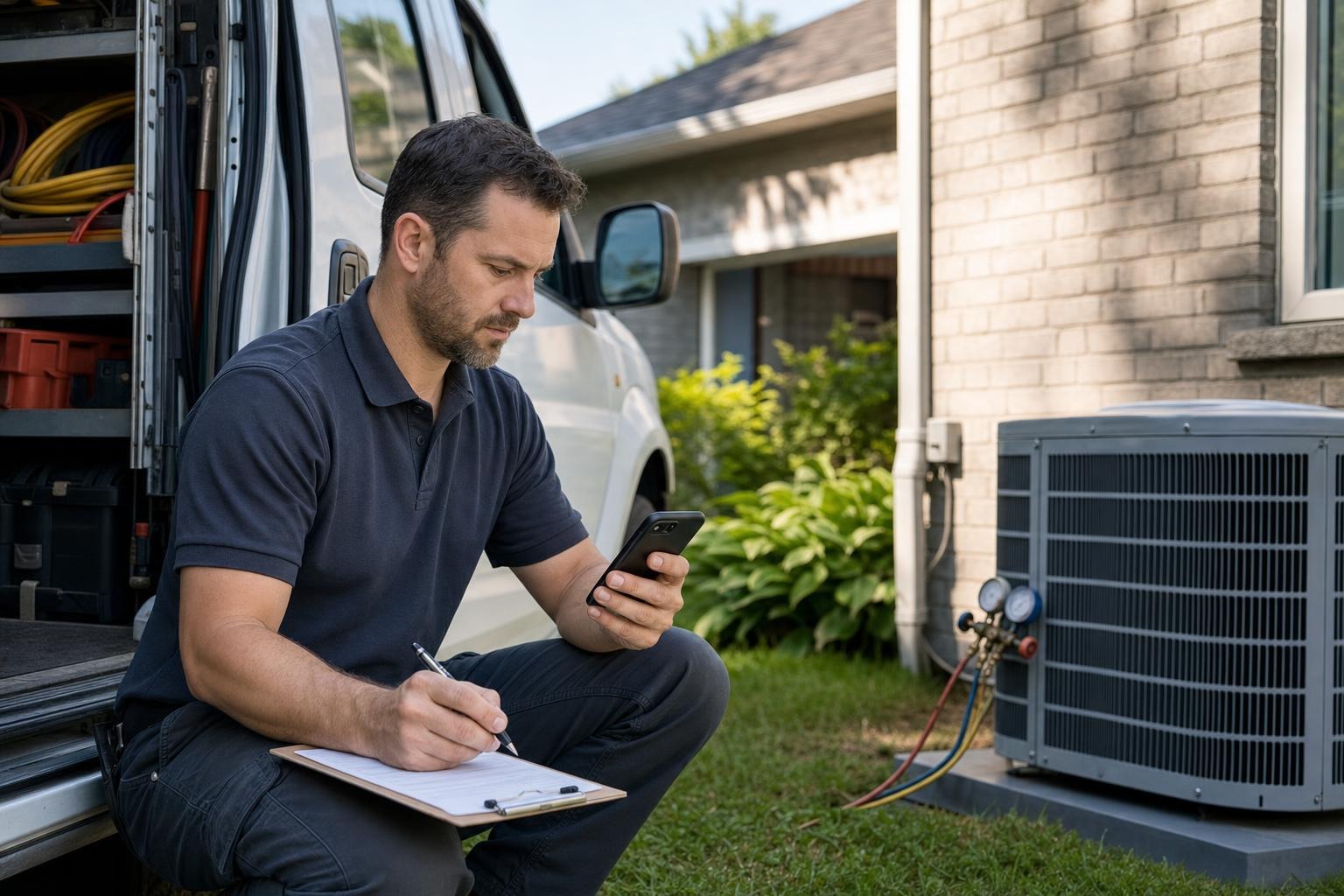 Hamilton HVAC technician safely reviewing recent customer calls beside a service van after finishing an outdoor unit inspection