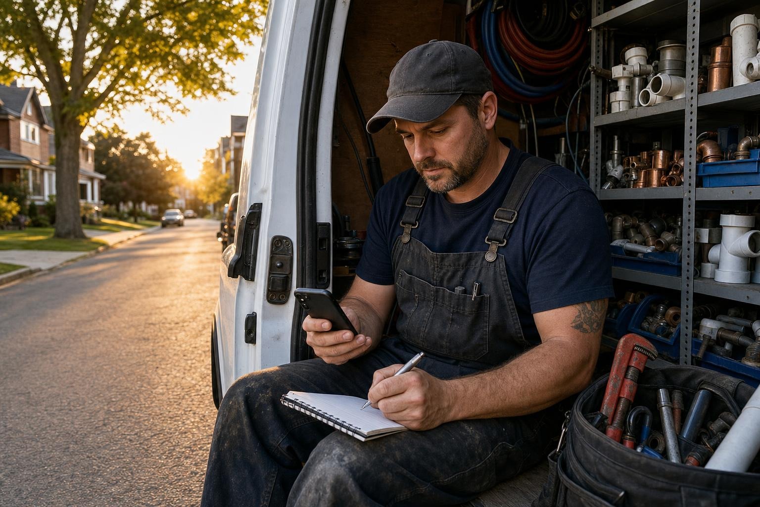 Hamilton plumber seated in a parked service van reviewing missed calls before making callbacks