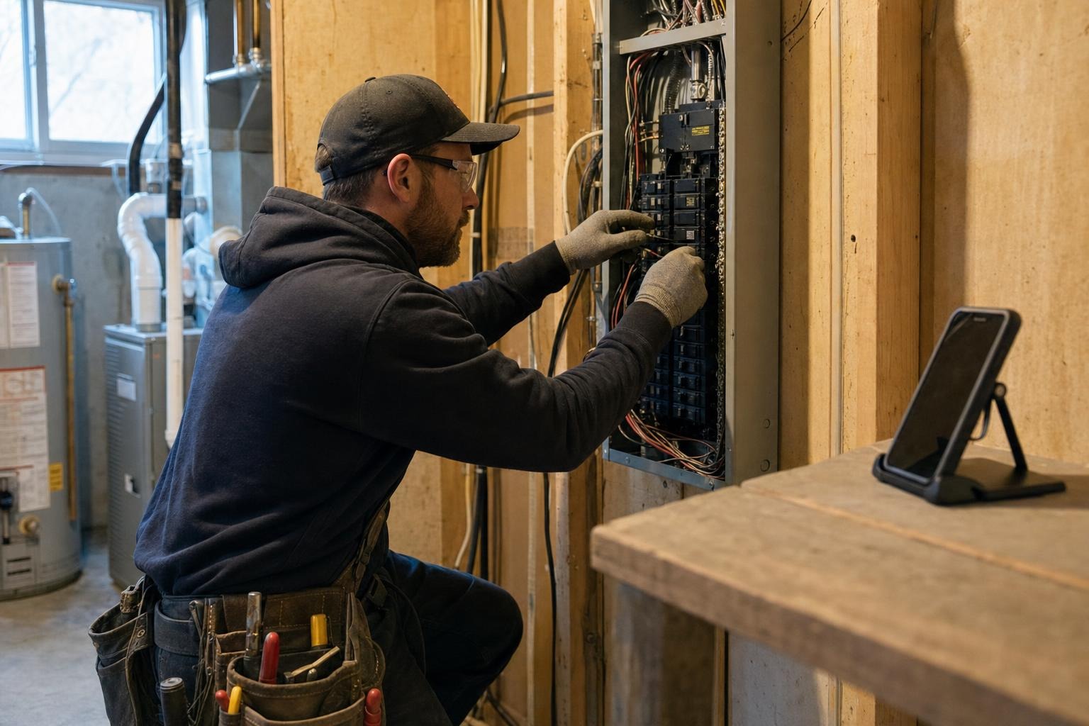 Electrician working with both hands at a residential panel while a secured phone remains out of reach