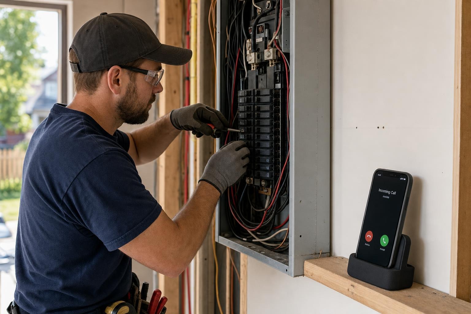 Hamilton electrician working safely at a residential electrical panel while an incoming call waits on a phone secured away from the work area