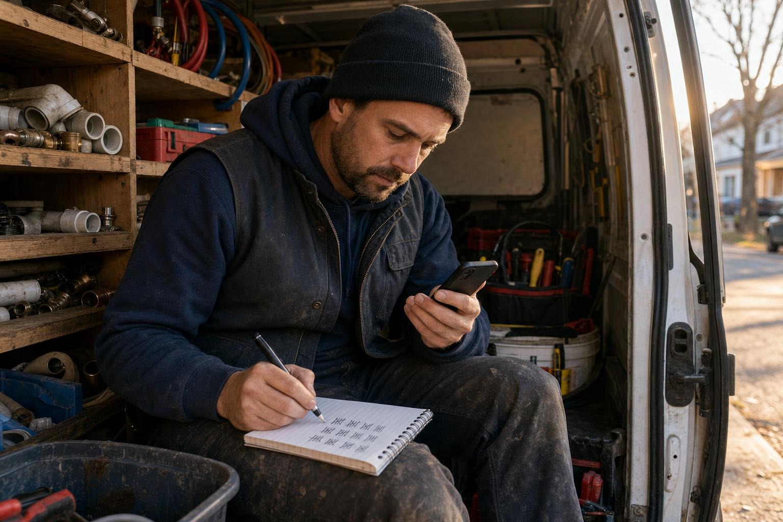 Sole-proprietor plumber reviewing recent call times in a parked service van after completing a Hamilton appointment