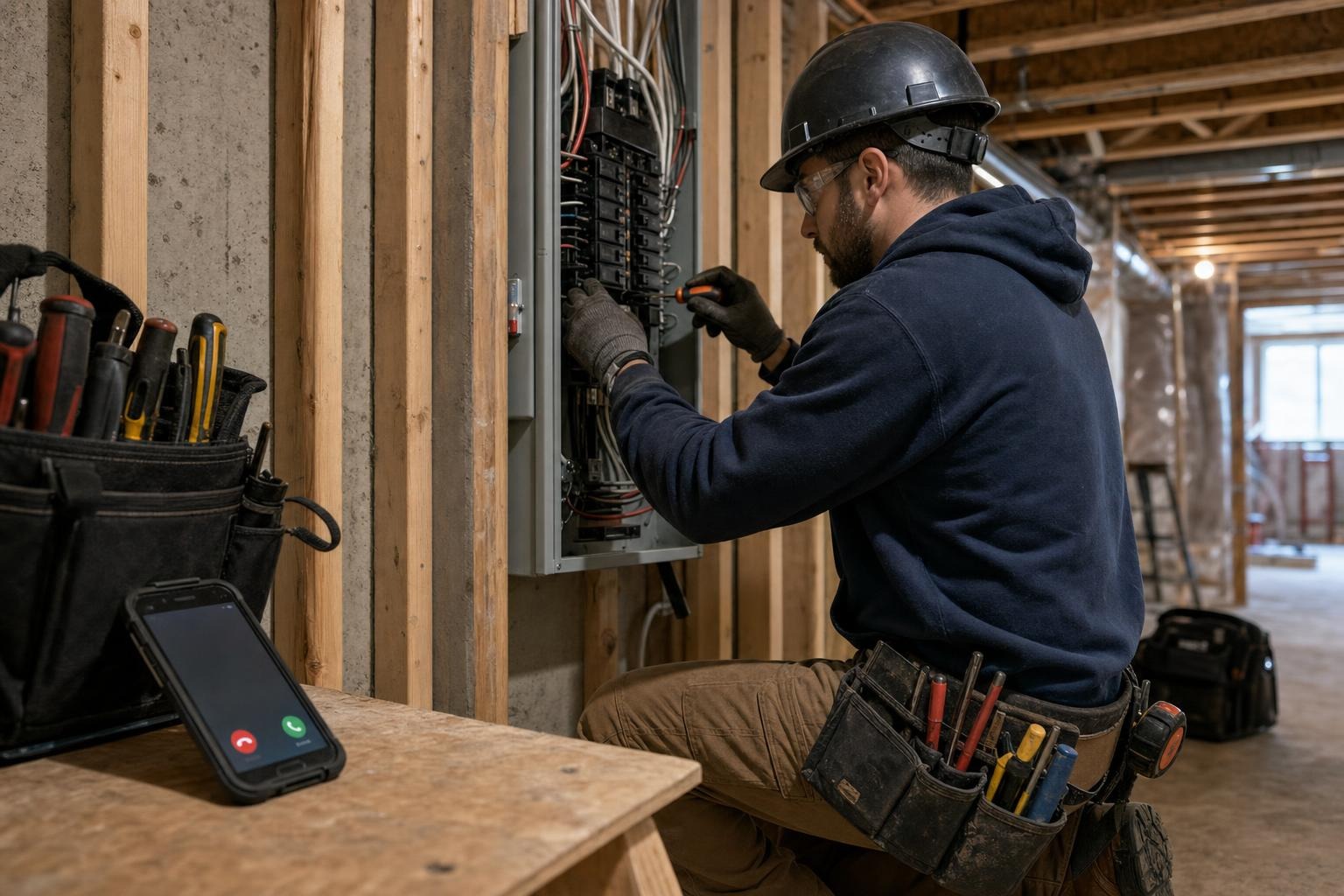Electrician occupied with a residential panel while a safely stowed phone rings nearby