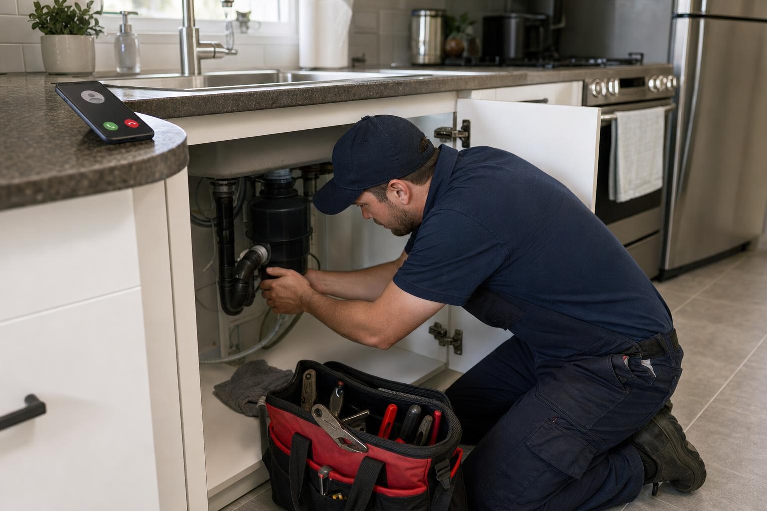 Hamilton tradesperson working beneath a kitchen sink while an incoming customer call is handled without interrupting the repair
