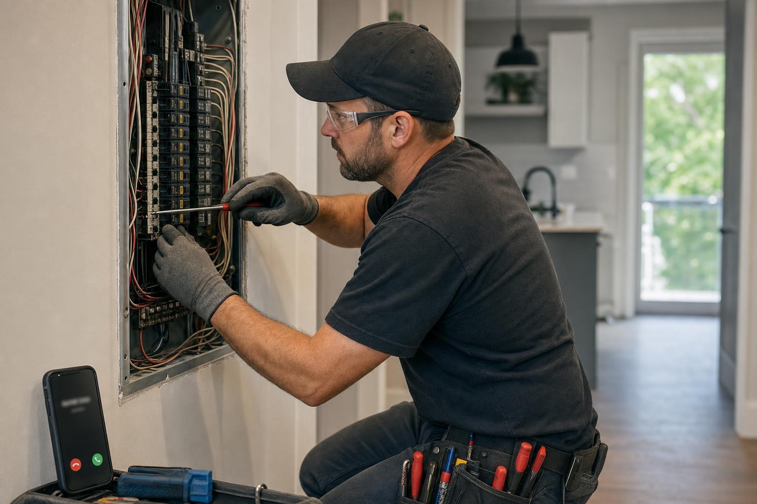 Hamilton electrical contractor working carefully at an open residential panel while an incoming business call is handled away from the work area