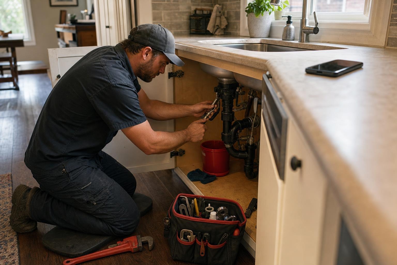 Plumber working beneath a kitchen sink while an incoming business call is handled without interrupting the repair