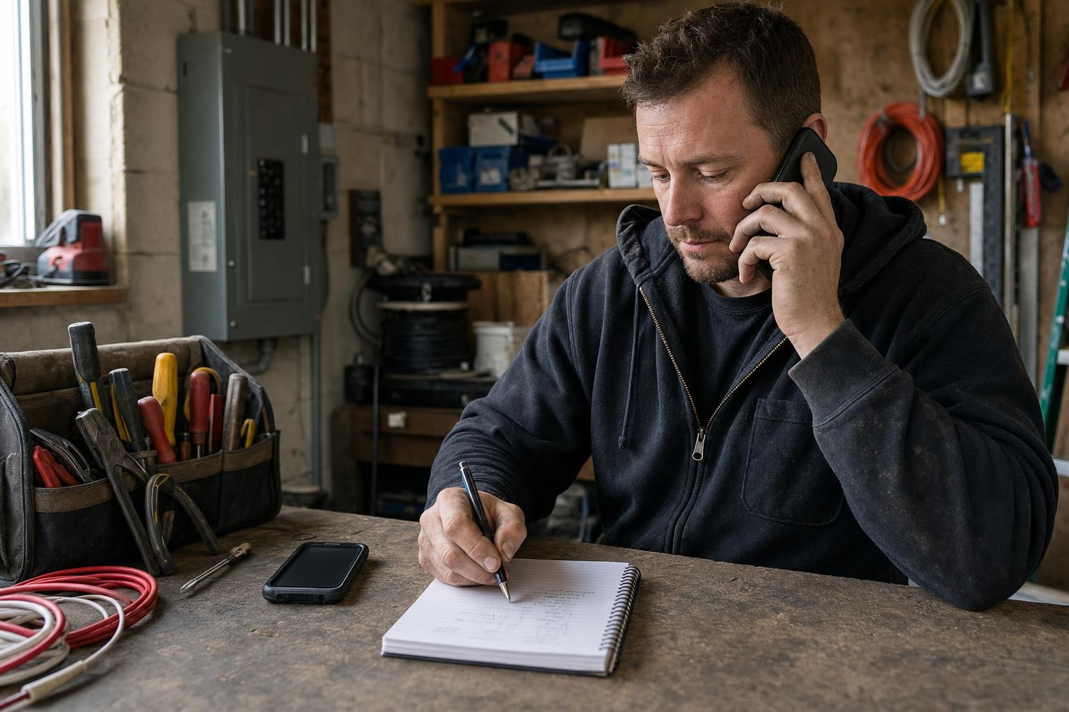 Electrical contractor testing a call-handling service from a quiet workshop and recording practical observations