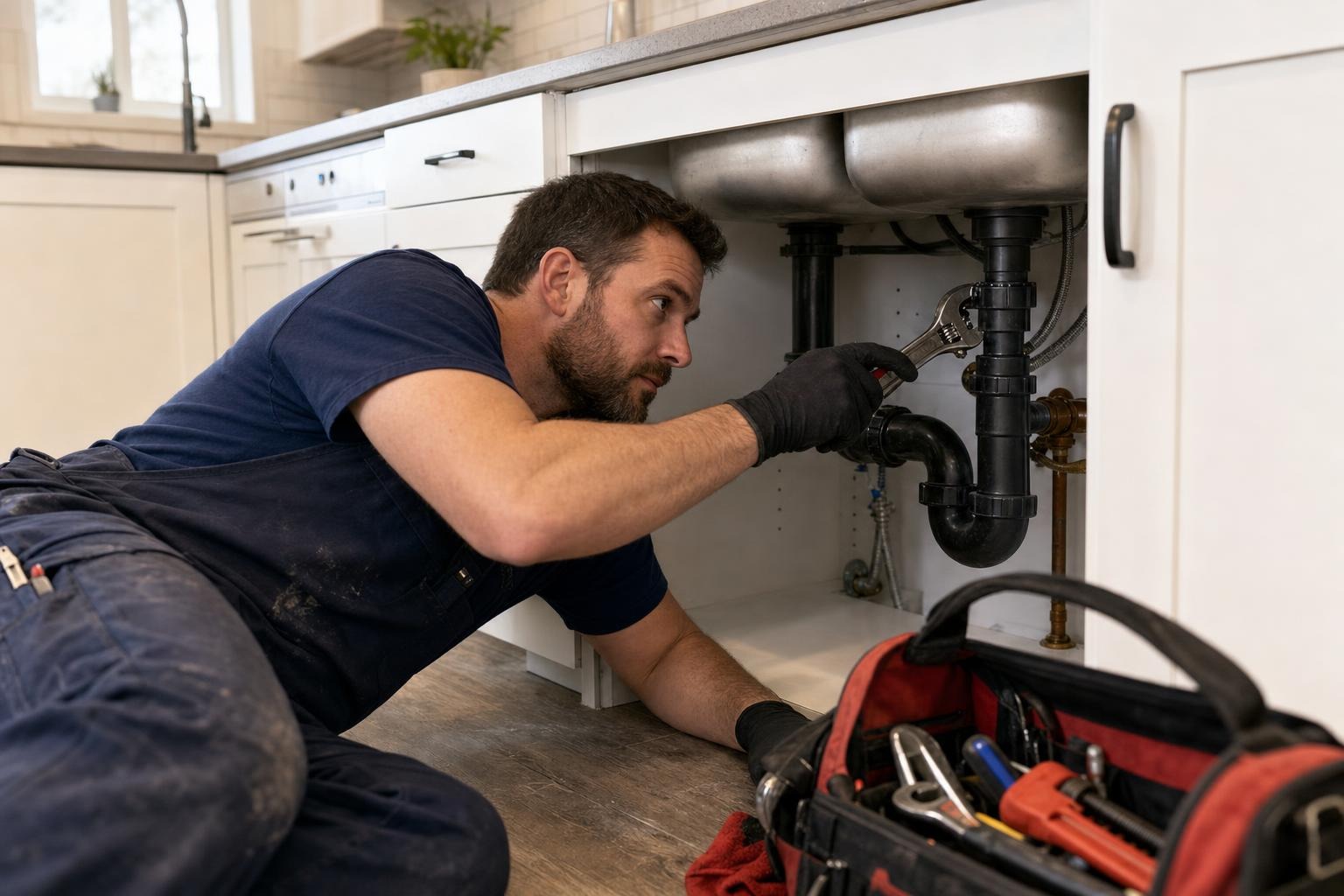 Hamilton plumber working beneath a kitchen sink while an incoming customer call is handled without interrupting the repair