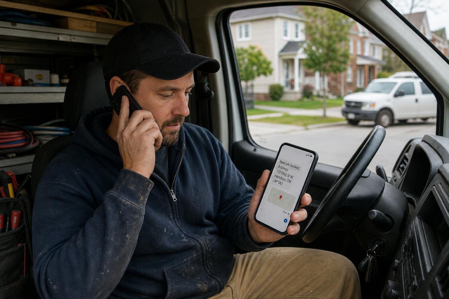 volttus AI secretary answering a tradesperson's phone and sending a texted job address in Hamilton
